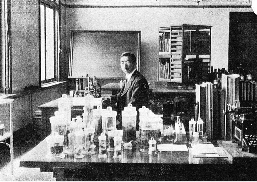 Hirohito in the Biological Laboratory, Imperial Palace in 1950.